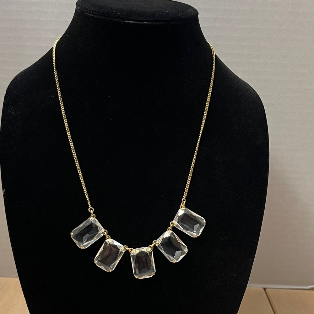 J. Crew Gold Tone & Chunky Rectangular Cut Glass Crystal Necklace Preppy Chic